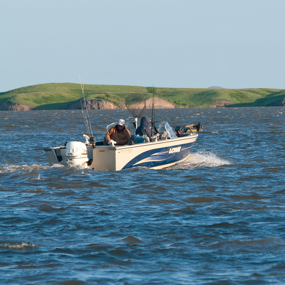 Fishing boat on choppy water